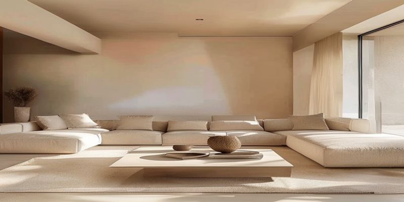 A sleek, minimalist living room featuring a modular sectional sofa in a neutral tone with a geometric coffee table and natural light.