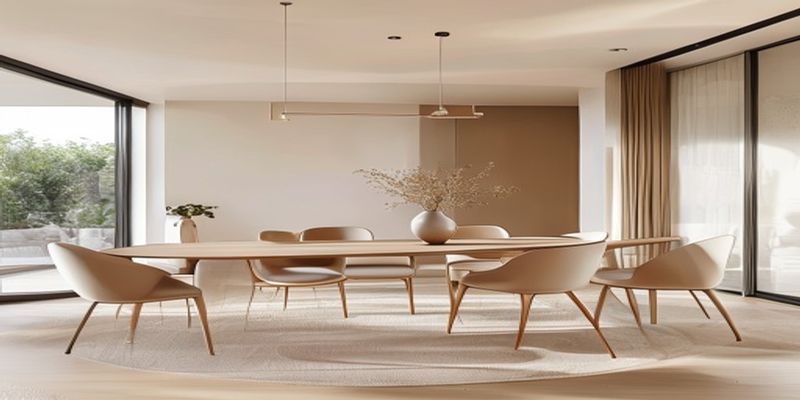 A modern, minimalist extendable dining table in its compact form, paired with four sleek dining chairs in a bright, open-plan living space.