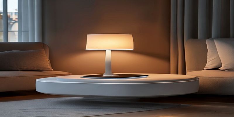 A sleek, modern floating nightstand with a built-in wireless charger and a minimalist lamp.