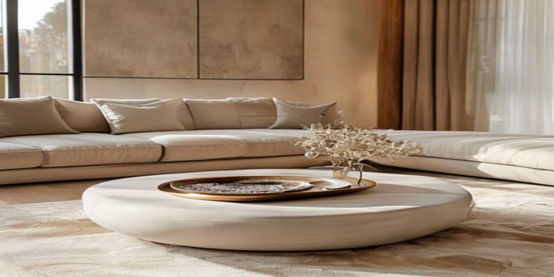 A modern living room featuring a large round ottoman used as a coffee table with a decorative tray.